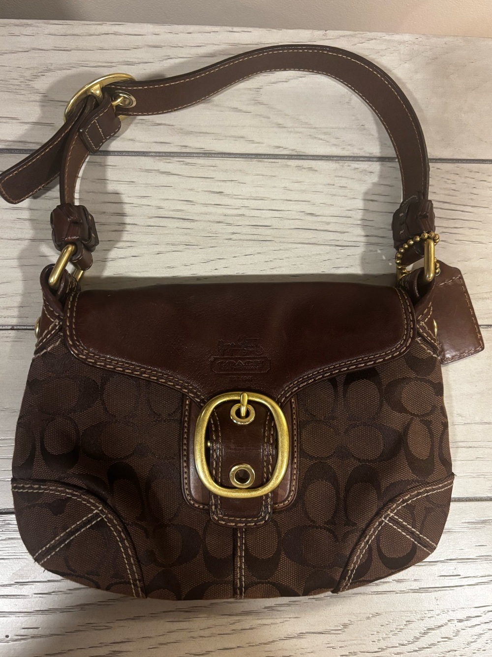 Vintage Y2K Coach Brown Signature Canvas Shoulder Bag with Gold Buckle
